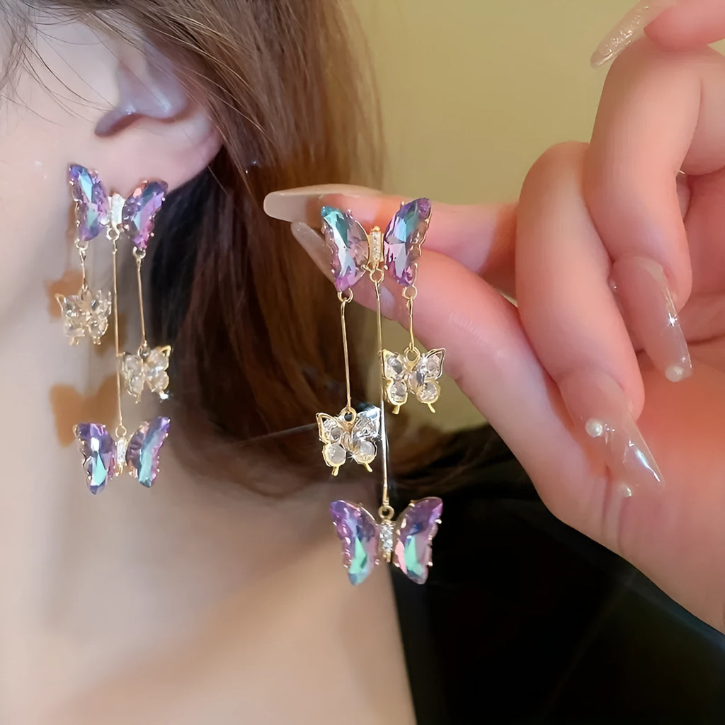 Silver needle crystal flowers butterfly tassel earrings in 33# silver needle-blue purple butterfly colour