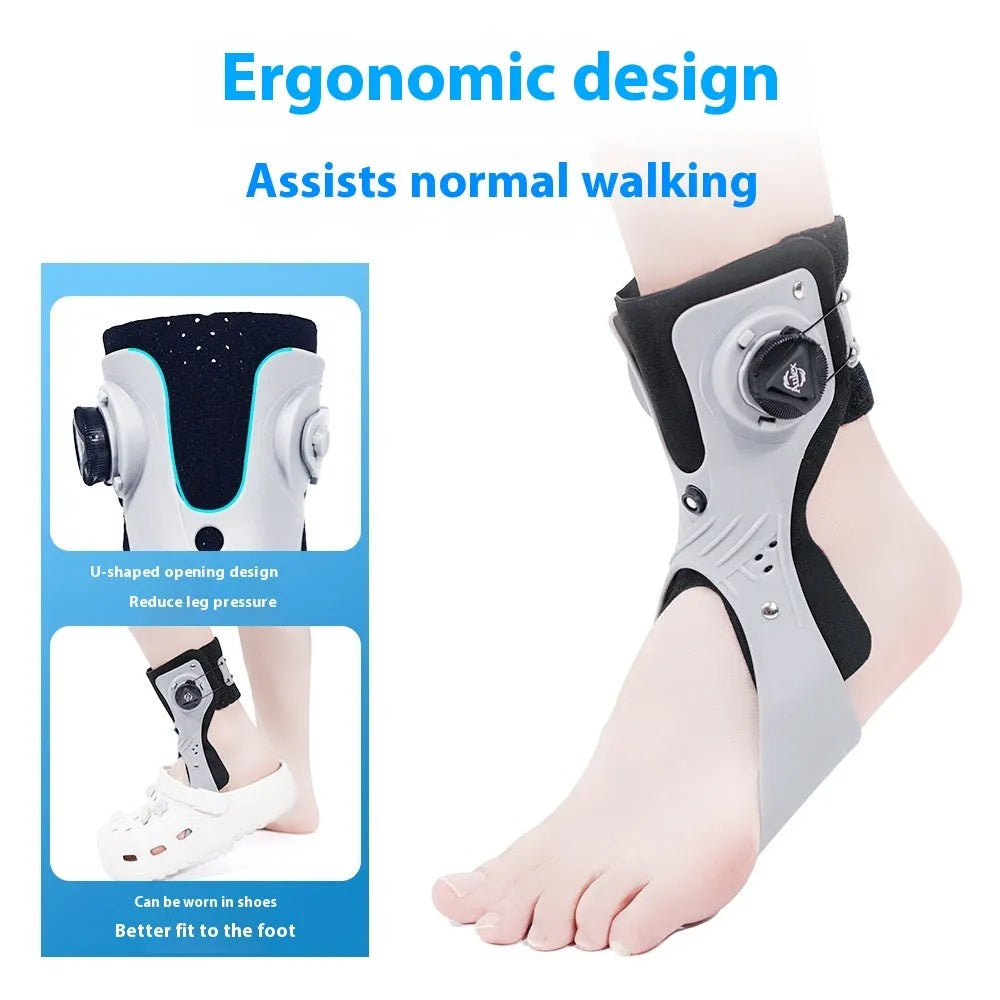 Grey and black adjustable airbag ankle support brace shown on a left and right foot.