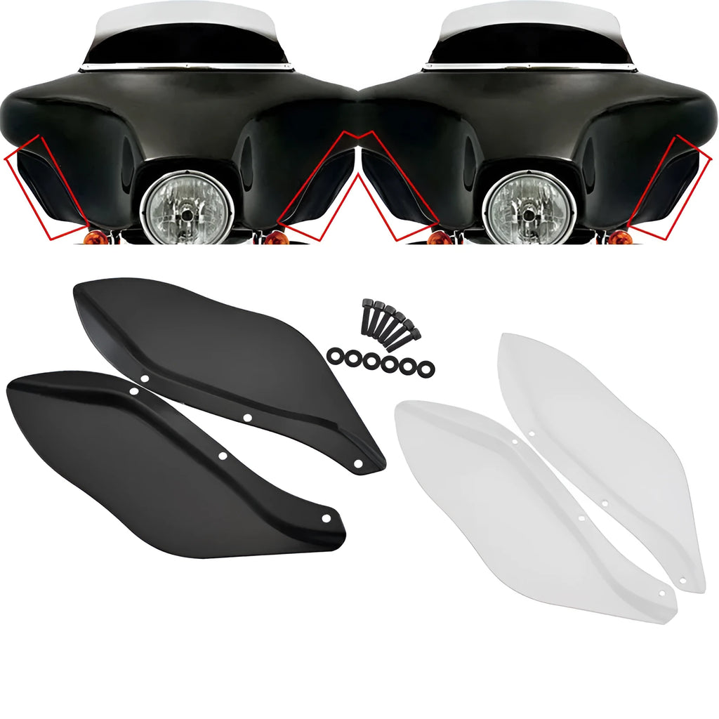 Pair of black and transparent ABS plastic side wing windshield covers for Harley-Davidson Touring motorcycle.