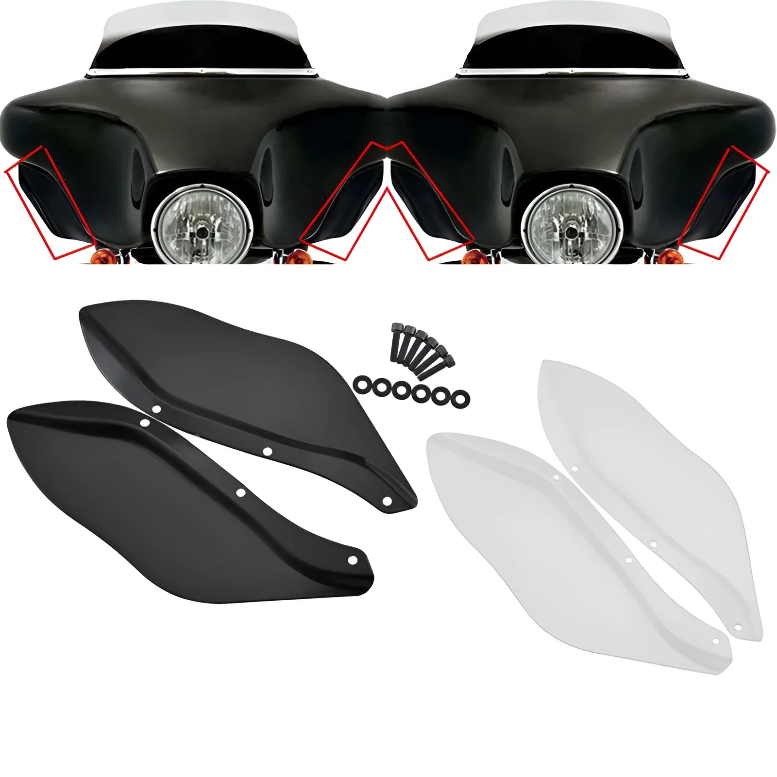 Pair of black and transparent ABS plastic side wing windshield covers for Harley-Davidson Touring motorcycle.