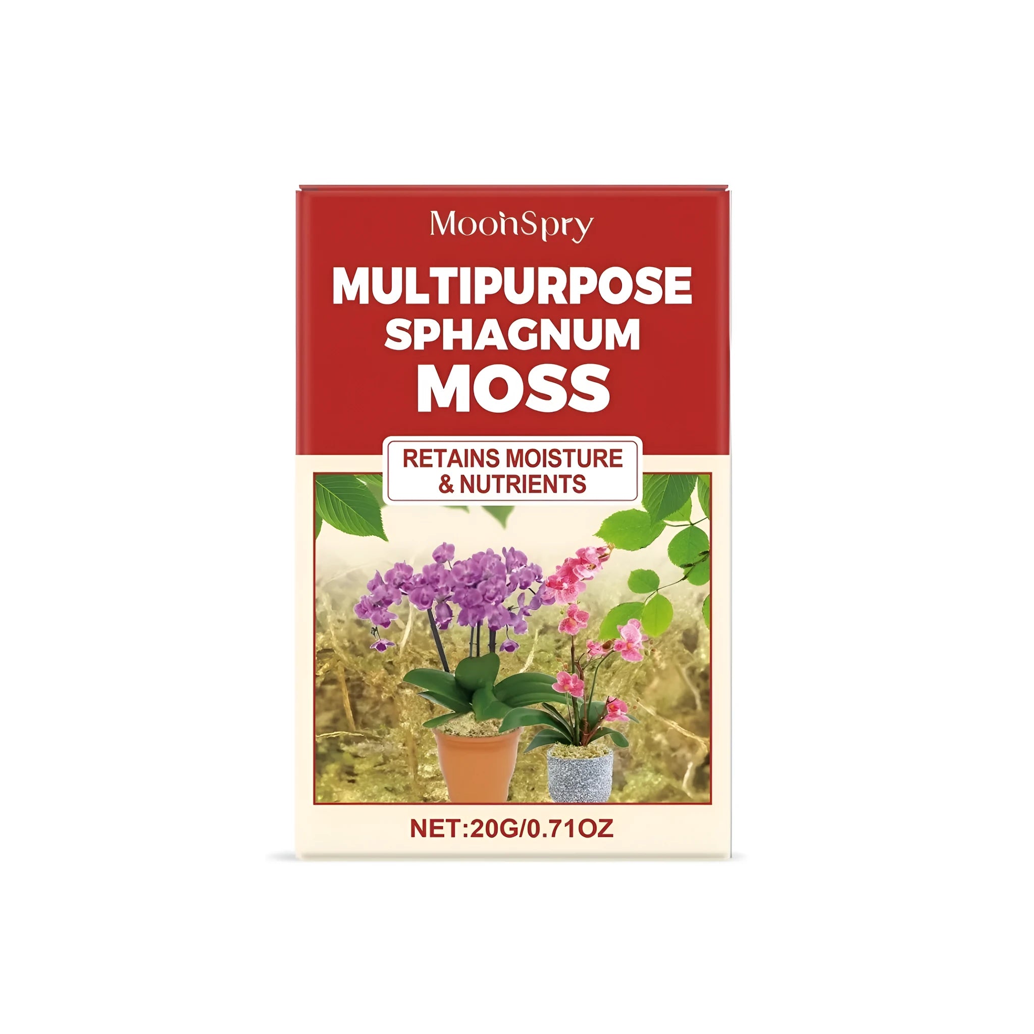 A 20g pack of dried sphagnum moss for orchid and terrarium use.