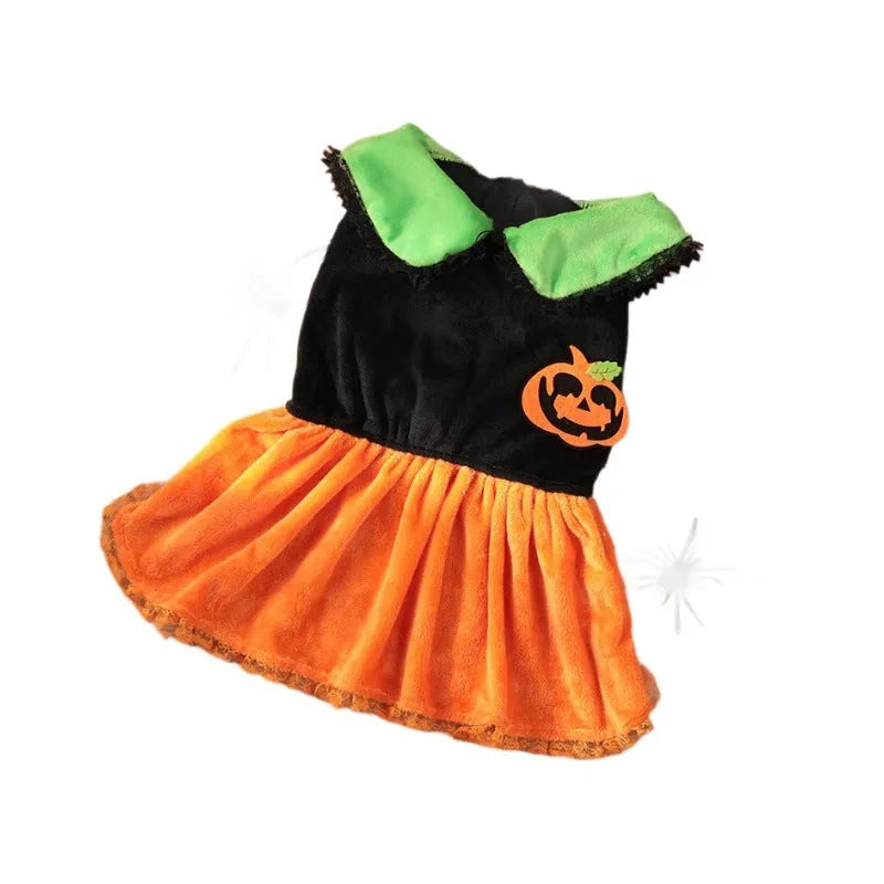 Halloween pumpkin skirt pet costume in crystal velvet material for dogs and cats