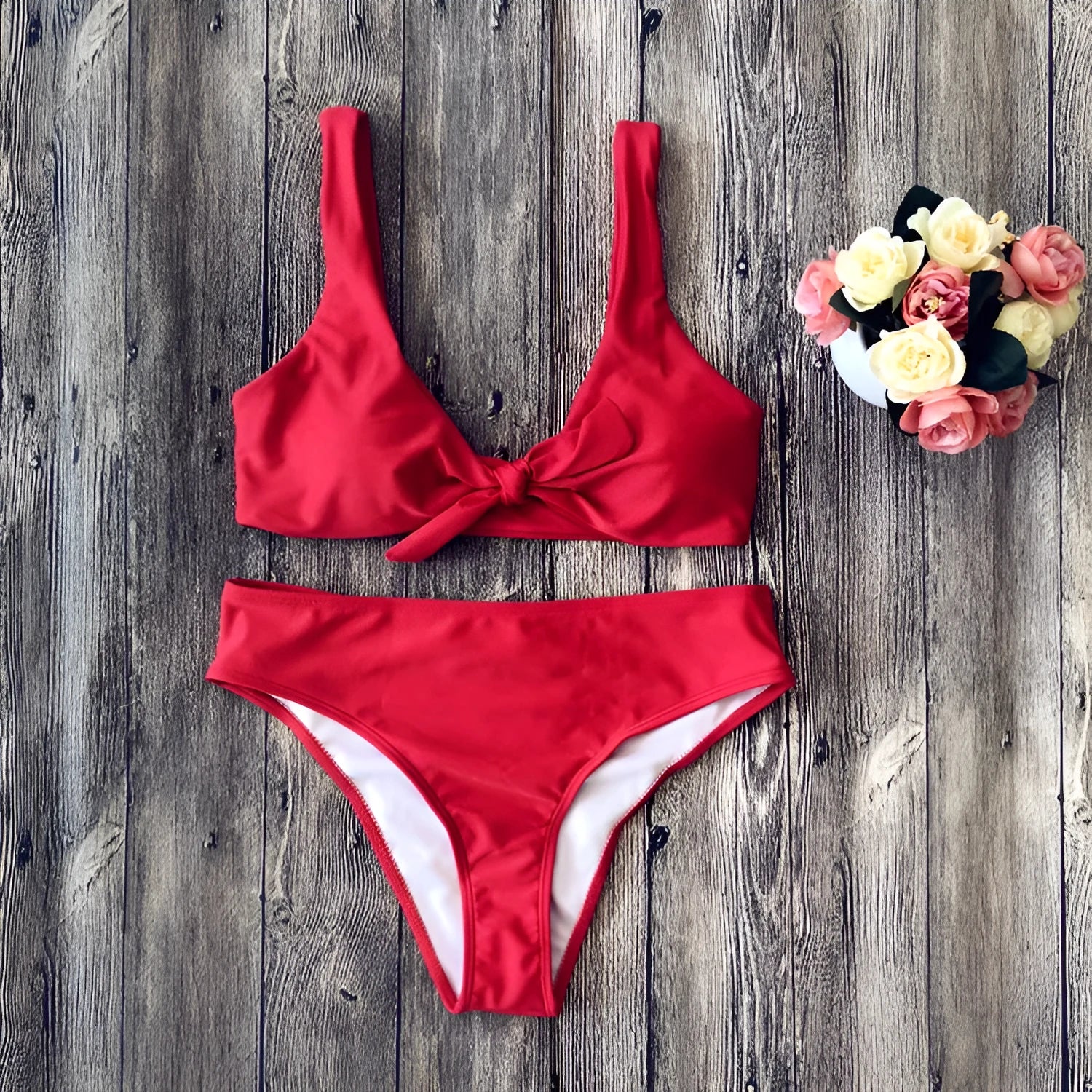 Ladies polyester bikini set in black colour with matching bra and panties