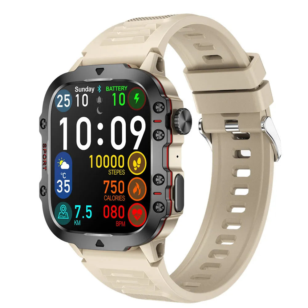 QX11 smart Bluetooth watch in black with TFT screen showing heart rate data on a leather strap.