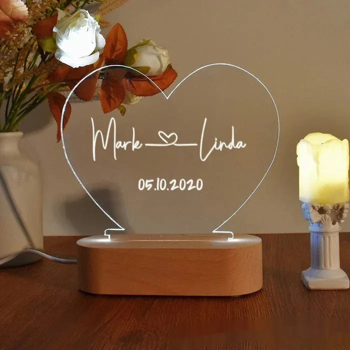 Custom acrylic LED night light with personalised names and dates, 20cm tall modern design