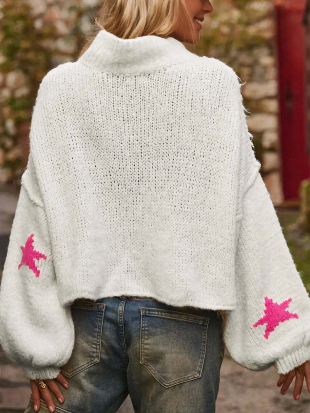 White women's loose turtleneck pullover with a black star pattern on thick imitation velvet fabric