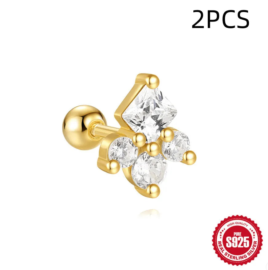 S925 sterling silver square gravel stud earrings with red flower design in golden electroplated finish