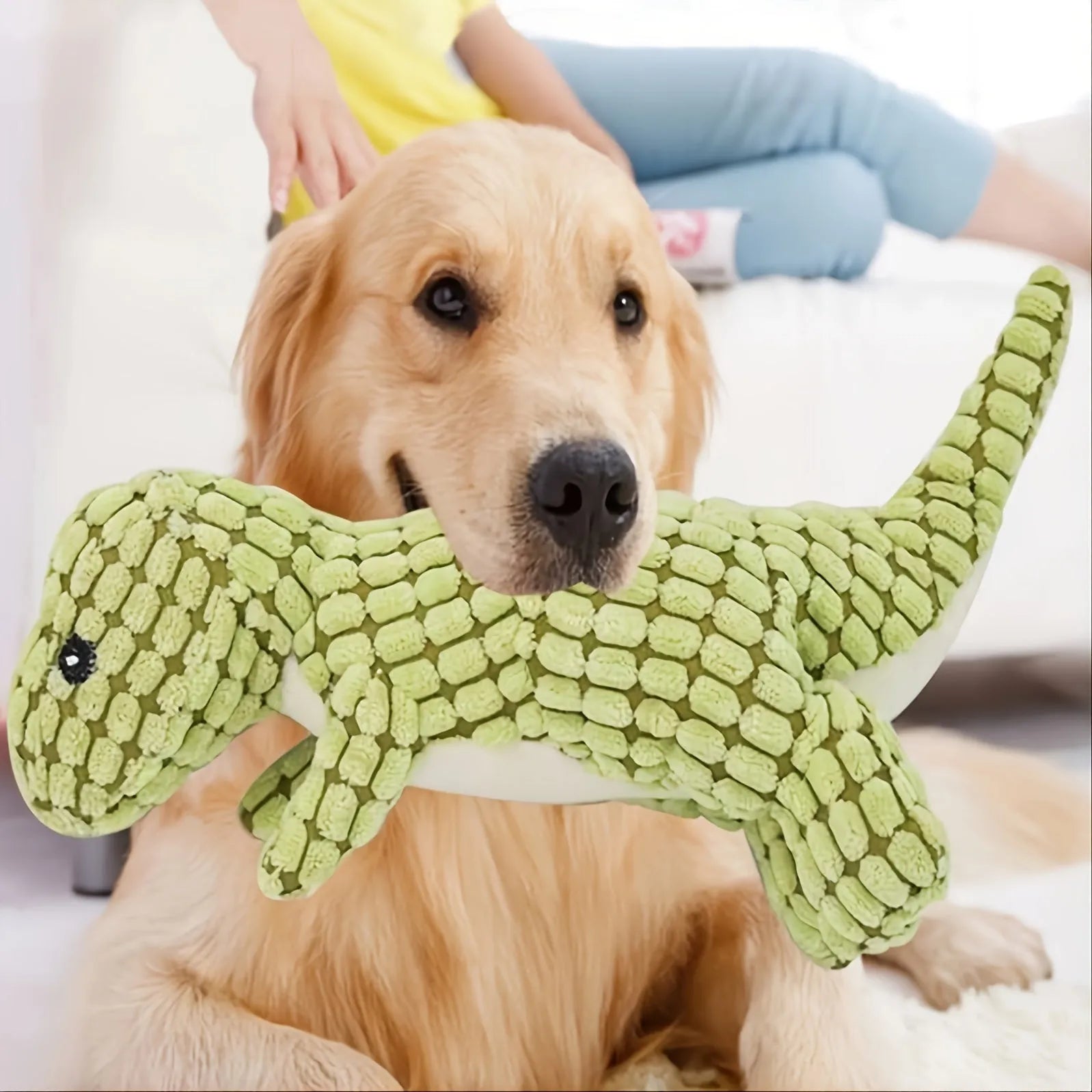 Grey, green, and orange dog sound toy resistant to bites and grinding teeth, measuring 35cm long.