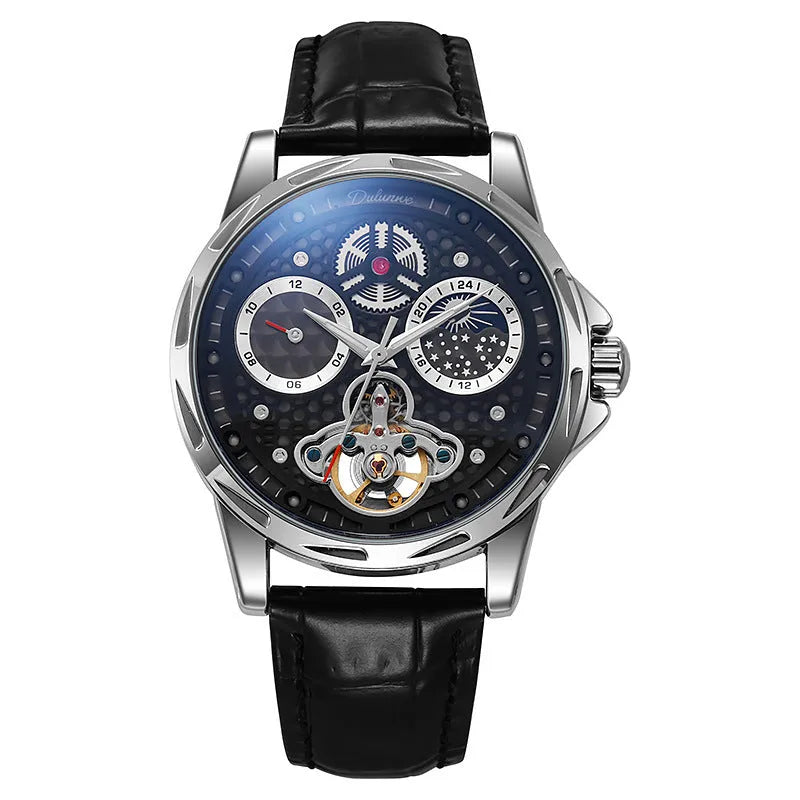 Men's automatic watch with luminous hands in steel case with leather strap option