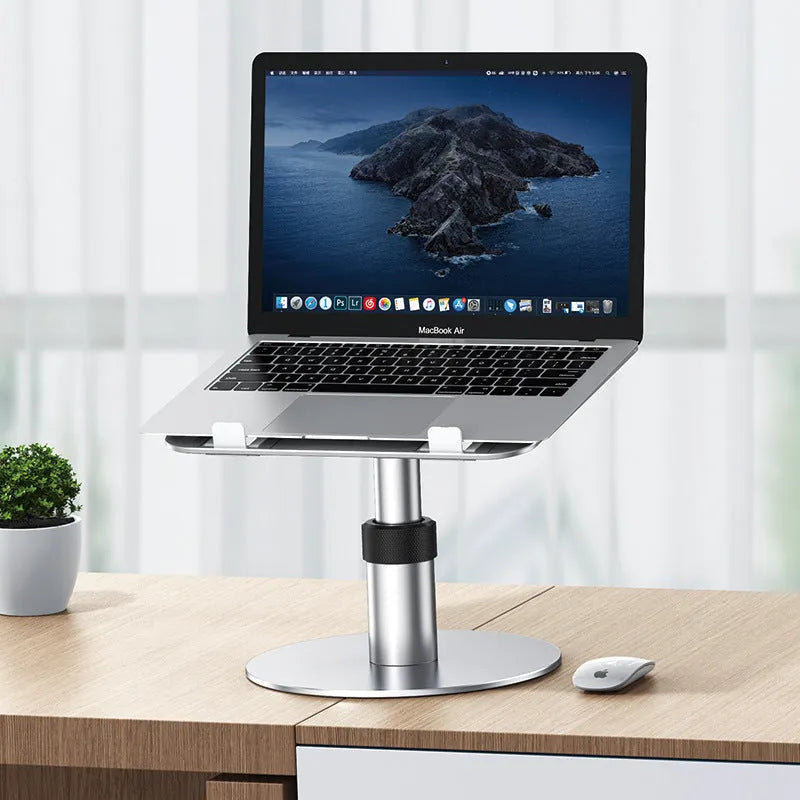 Silver aluminium car laptop stand shown at an adjusted height with a laptop secured on top.
