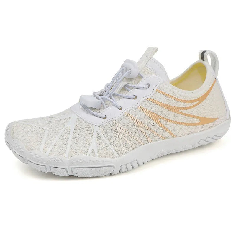 Low-top casual sports running shoe in colour option, showing front lace-up and textured natural rubber outsole.