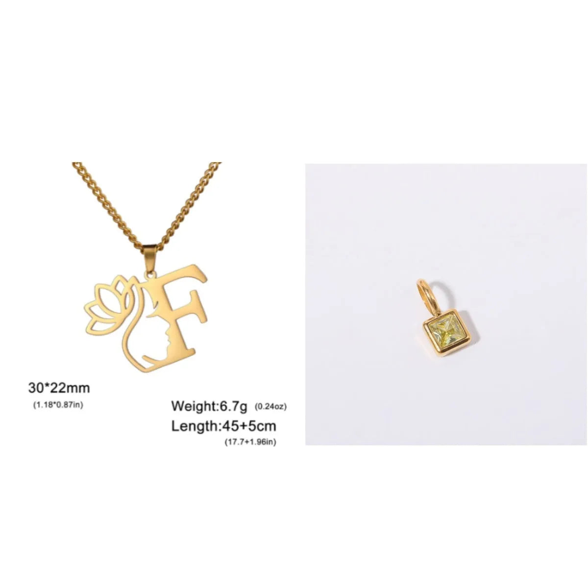 Stainless steel necklace with cross chain and a single initial letter pendant in gold tone.