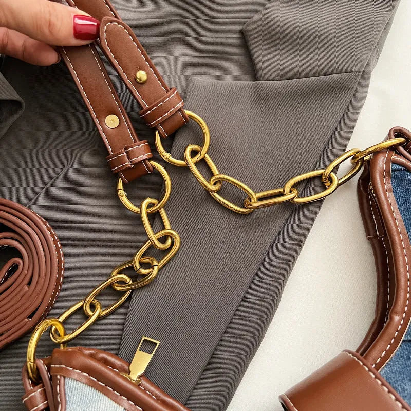 Brown denim women's shoulder bag with chain detailing and bucket shape design