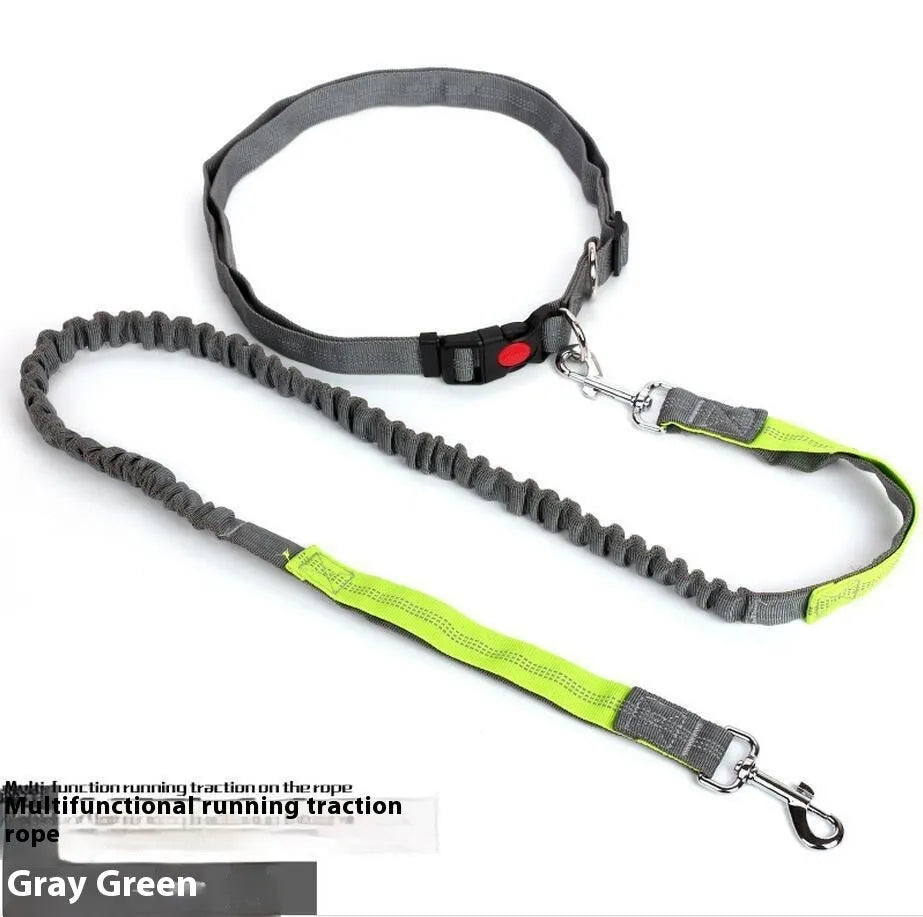 Grey and blue elastic dog leash with reflective sling for outdoor running.