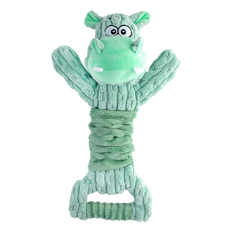Large blue Hippo-shaped plush dog toy with a handle, shown next to a brown Monkey version.