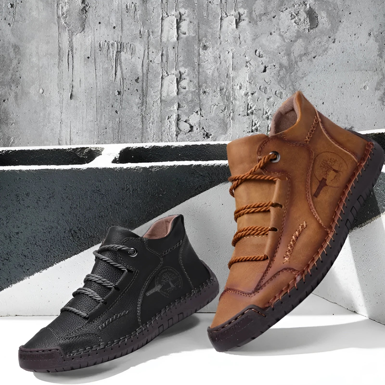 Men's high-top cowhide leather casual work boots round toe flat heel front lace-up solid colour