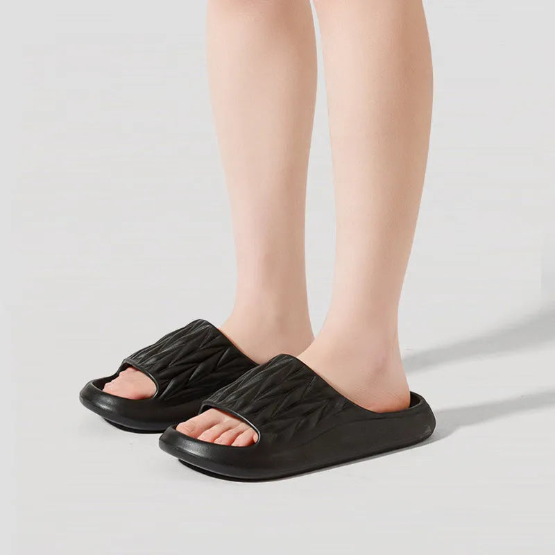 Leaf texture design EVA slippers for indoor use, shown in available colours.