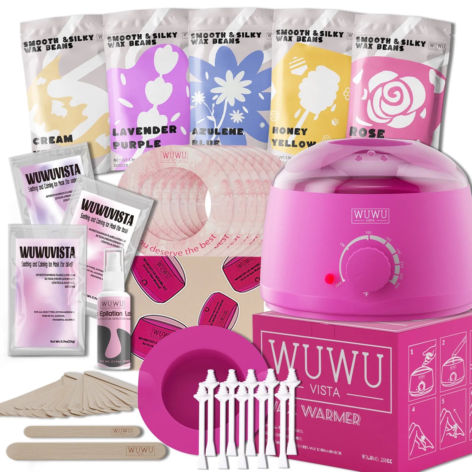 Professional waxing kit with wax warmer, hard wax beans, applicator sticks and aftercare products for sensitive skin