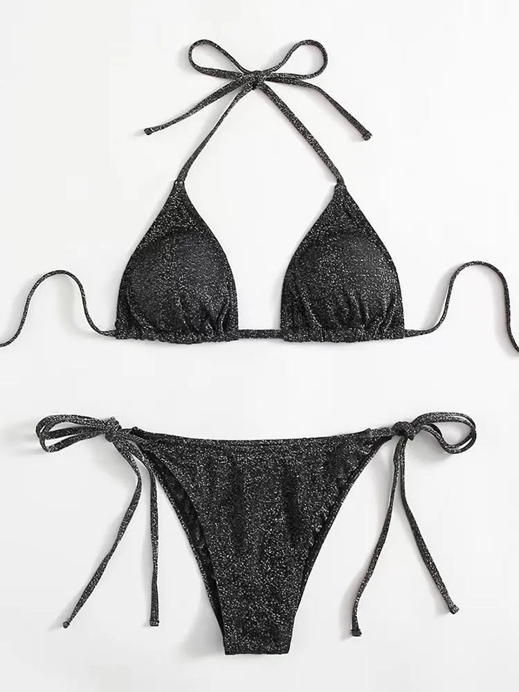 Women's black bandage bikini swimsuit with split detail briefs and matching top.