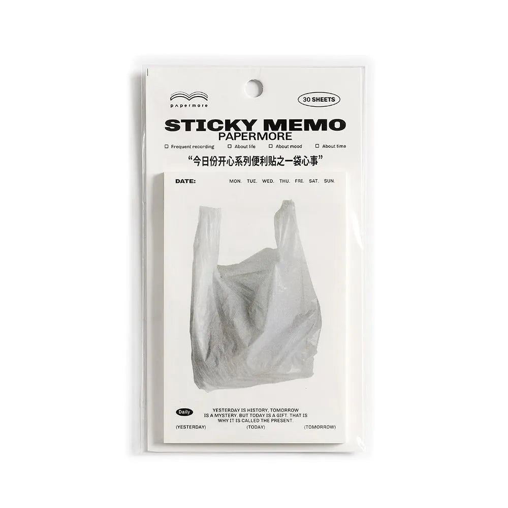 Today's Happy Series non-adhesive sticky notes pad with 30 pages of writing paper in transparent white, hot milk, toast, and bag of worries designs, size 120x80mm.