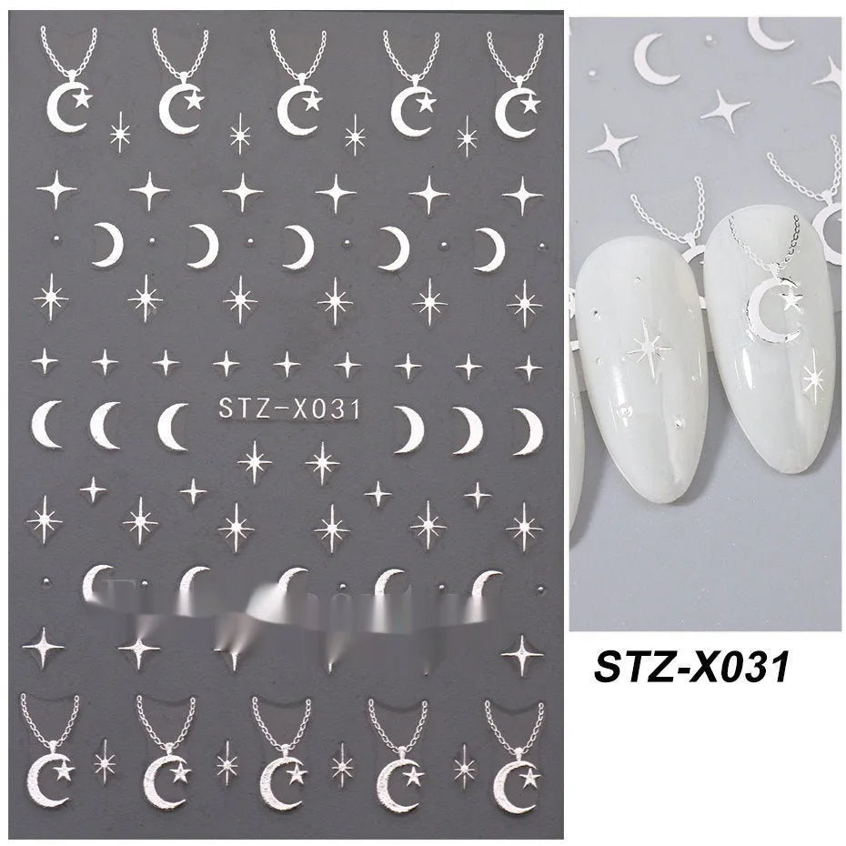 Sheet of black and silver love heart pattern nail art stickers with a plastic nail patch.
