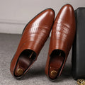 Men's casual black pointed toe leather shoes with low heel and elastic band