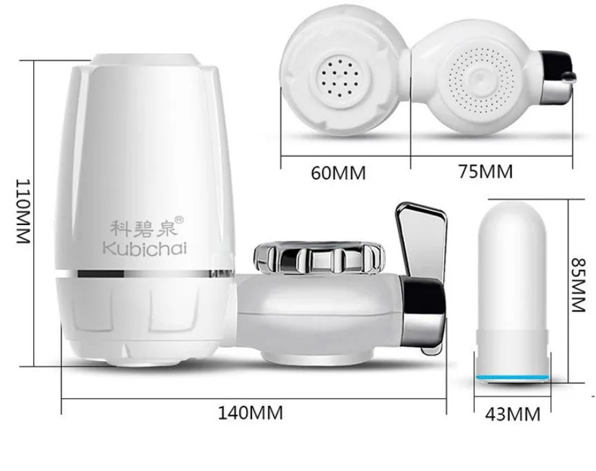 White plastic kitchen tap water filter with ceramic cartridge and installation adapters