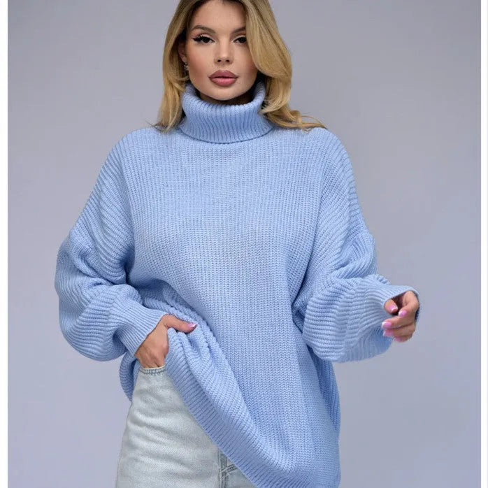 Women's high neck pullover sweater in imitation cashmere, shown in a solid colour with a textured 3D pattern.