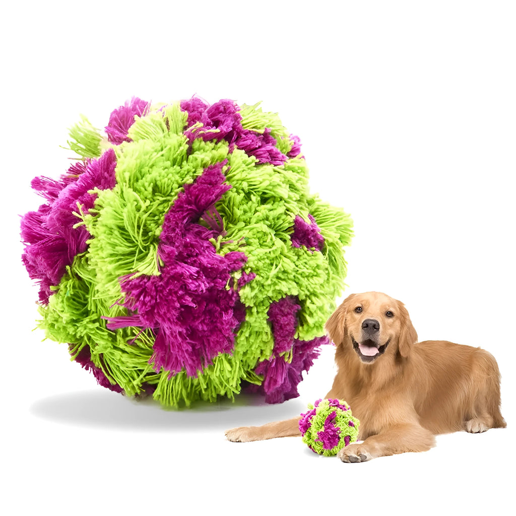 Purple plush seaweed ball design dog chew toy, 15cm in diameter, on a white background.