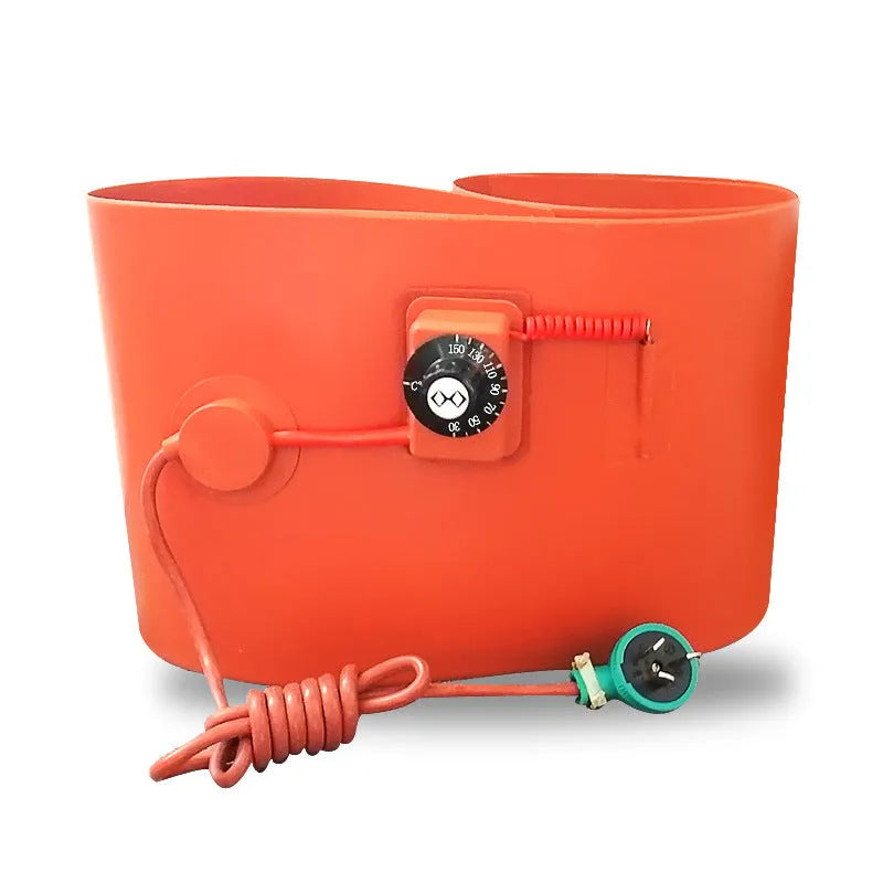Silicone rubber heating belt wrapped around 200-litre oil drum with digital display control