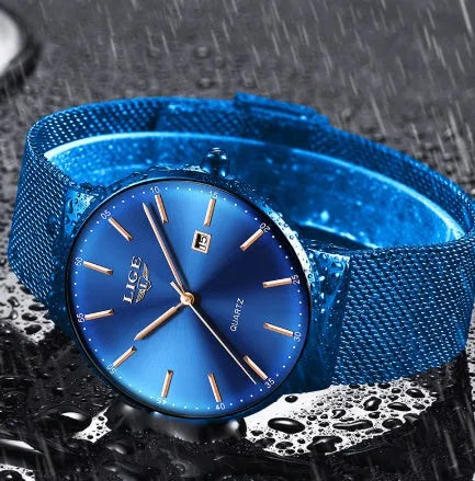 Men's stainless steel watch with a 40mm dial shown in black, blue, and two-tone colour options
