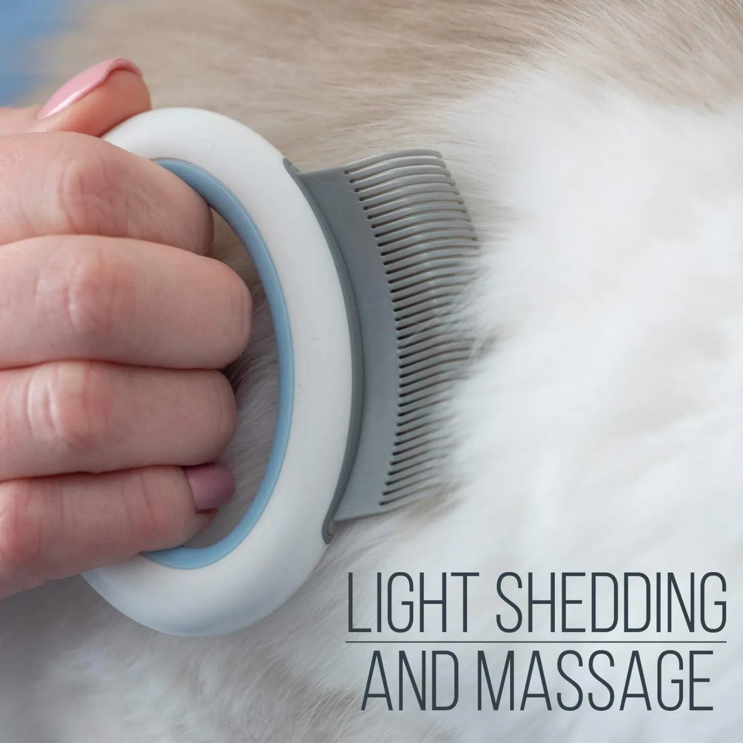 Blue pet grooming brush with soft teeth and ergonomic handle for deshedding cats and dogs.