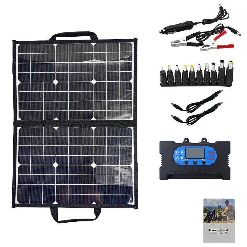 Black 40W single crystal solar panel inside a folded portable bag for outdoor charging