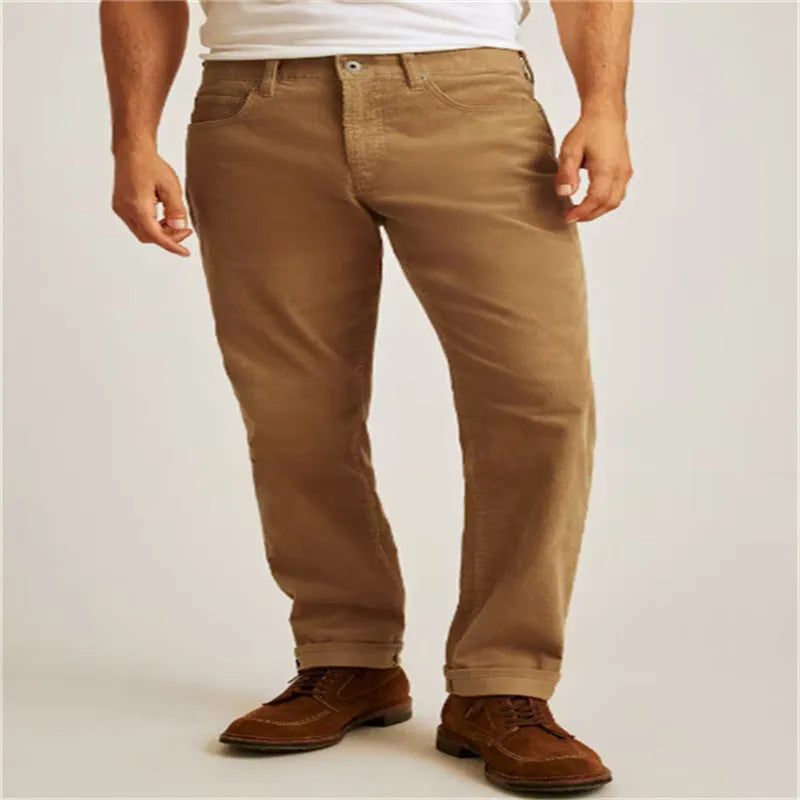 Corduroy loose casual straight leg trousers in solid colour with mid-waist design and zip fly