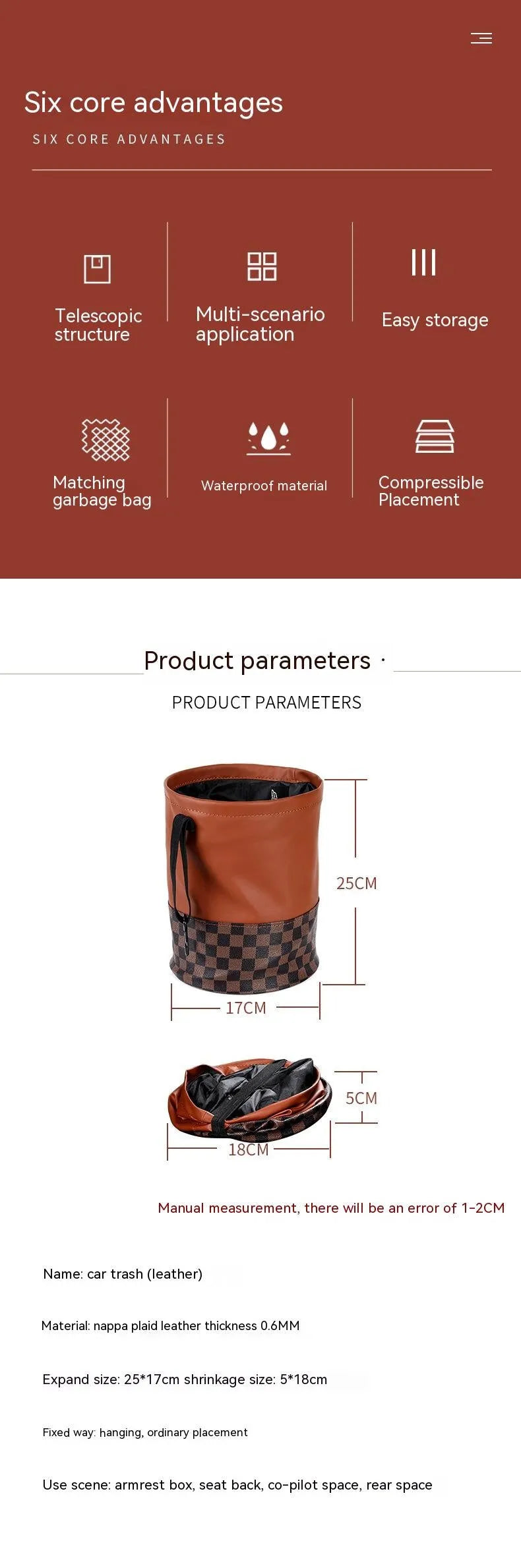 Black retractable leather car trash can with carry handle, shown folded and expanded