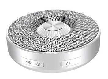 Mini circular Bluetooth speaker in black, orange and silvery white colours showing compact design