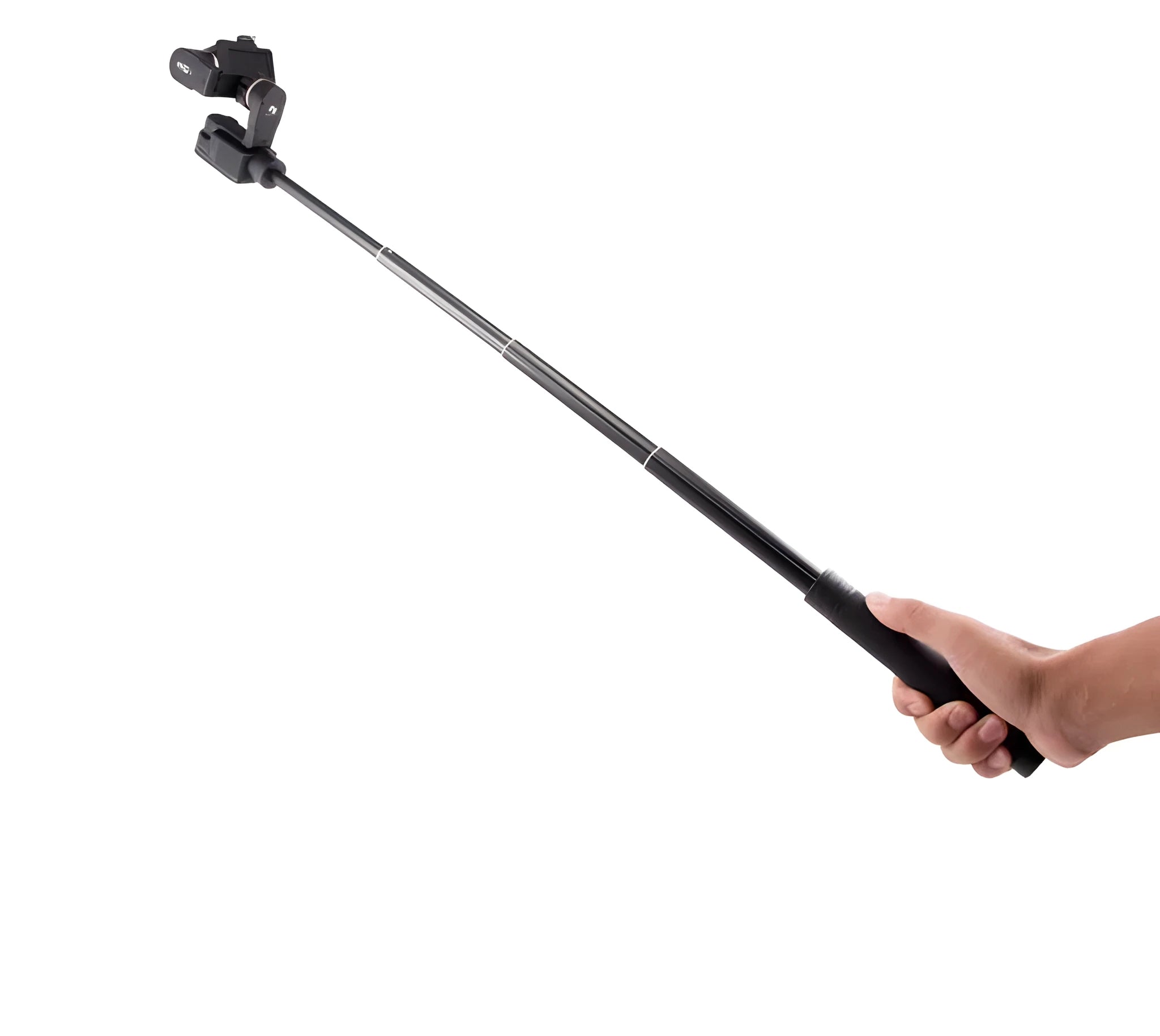 Black retractable selfie stick extended with smartphone mounted in adjustable holder