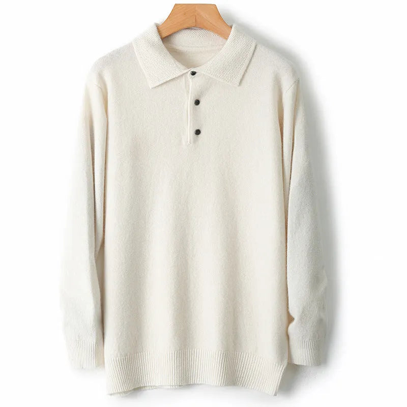 Men's grey wool pullover sweater with a polo collar and long sleeves, showing textured collage stitching.