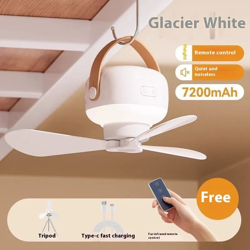 Small white rechargeable ceiling fan with remote control and strap for camping.