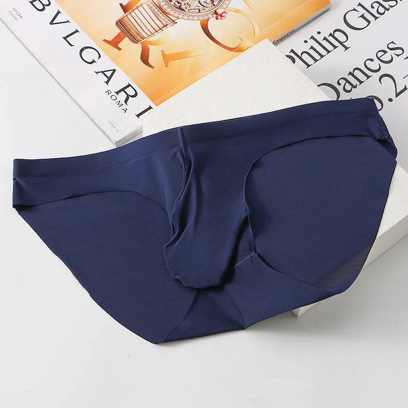 Men's black ice silk seamless briefs with a mid waist and internal support design.