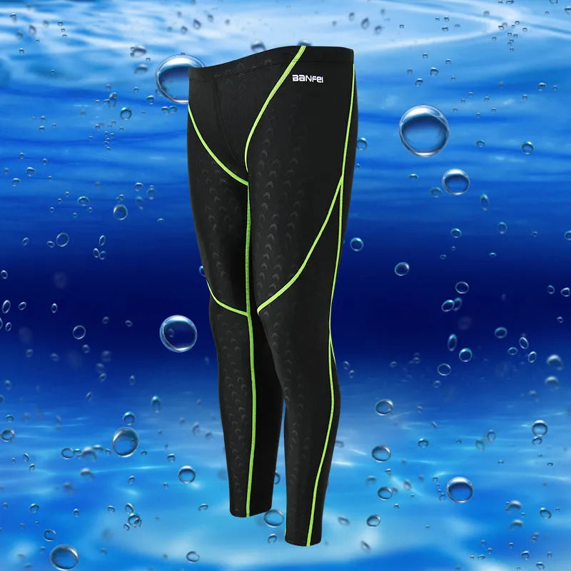 Men's nylon swimming trunks in briefs style with elastic waistband and striped designs in black, grey, green, blue and orange colour combinations