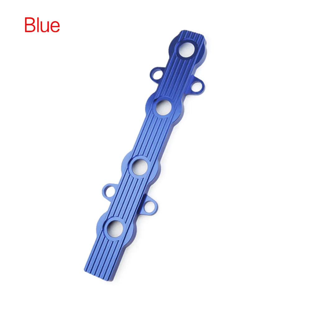 Aluminium alloy engine hood cover in blue, red, and silver, showing both solid and pre-drilled hole format options.
