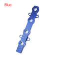 Aluminium alloy engine hood cover in blue, red, and silver, showing both solid and pre-drilled hole format options.