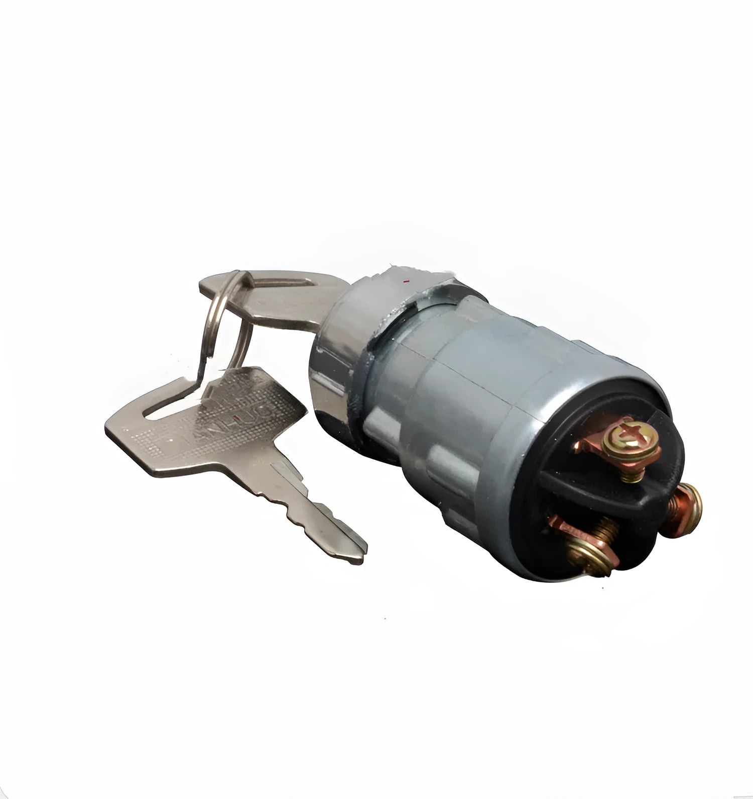 Copper ignition switch and key for trucks and forklifts on a white background.