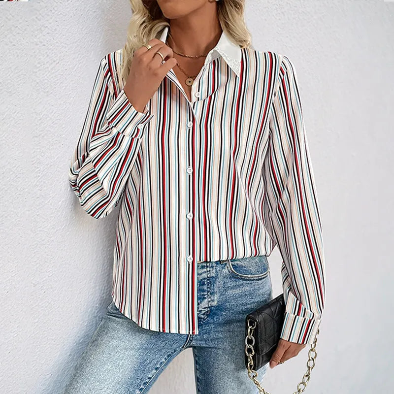 Women's lapel vertical striped long sleeve shirt in wine red, loose fit with full elastic fabric