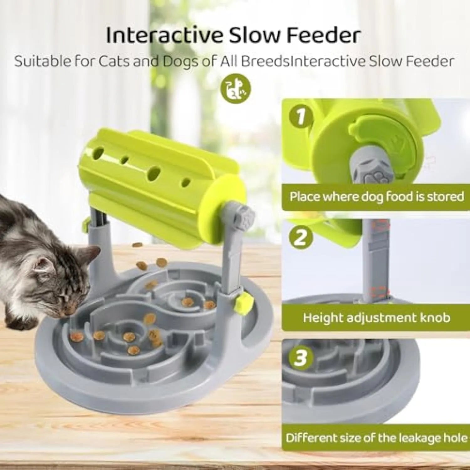 Adjustable height interactive pet food puzzle feeder for dogs and cats