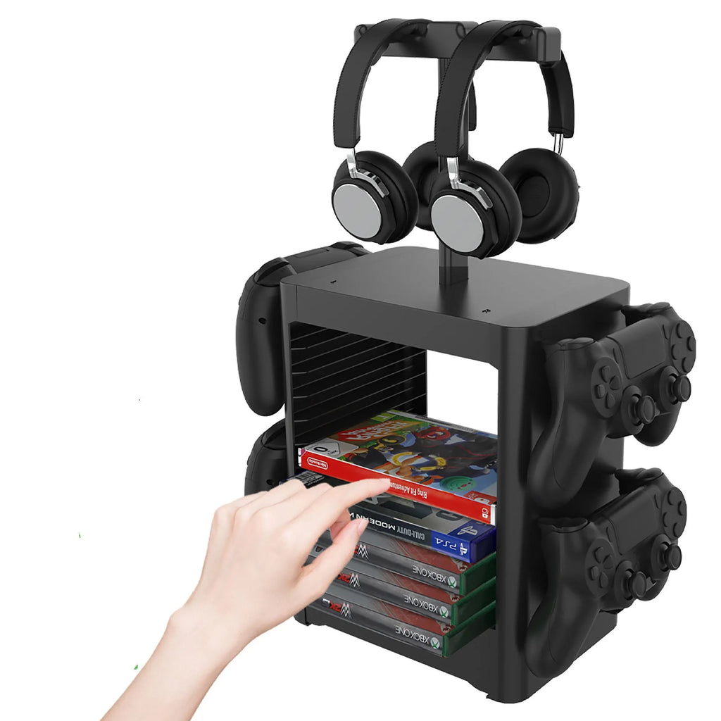 Black gaming organiser rack holding headphones and controllers with drawer for accessories