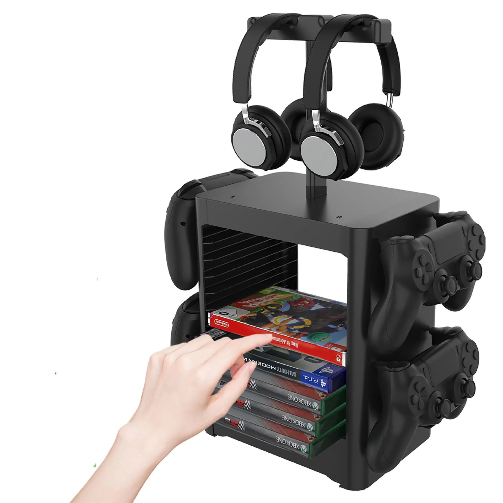 Black gaming organiser rack holding headphones and controllers with drawer for accessories