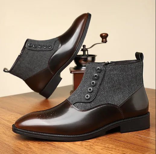 Men's brown retro formal shoes with side zipper closure and square toe