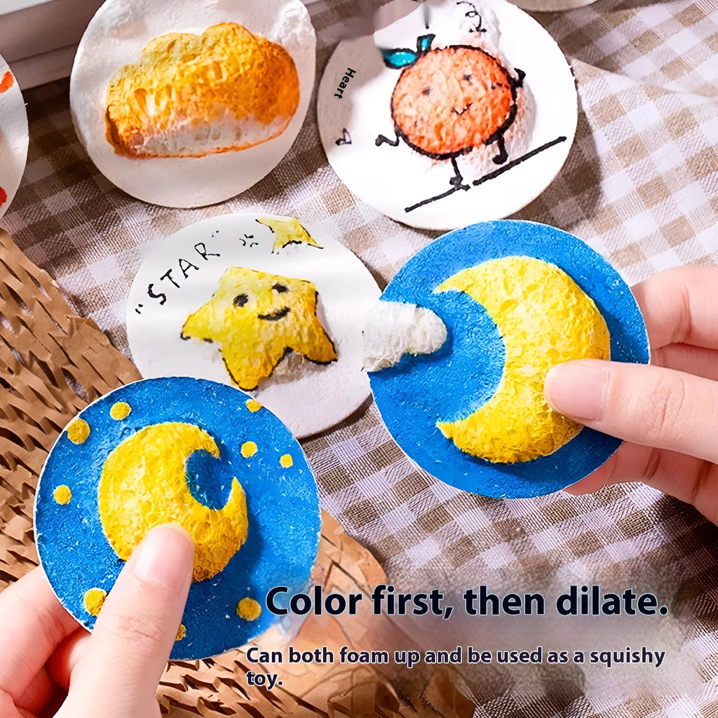 Wood pulp paper painting set with 30 sheets, 6 fountain pens, and heart, round, and square shaped blank sponges.